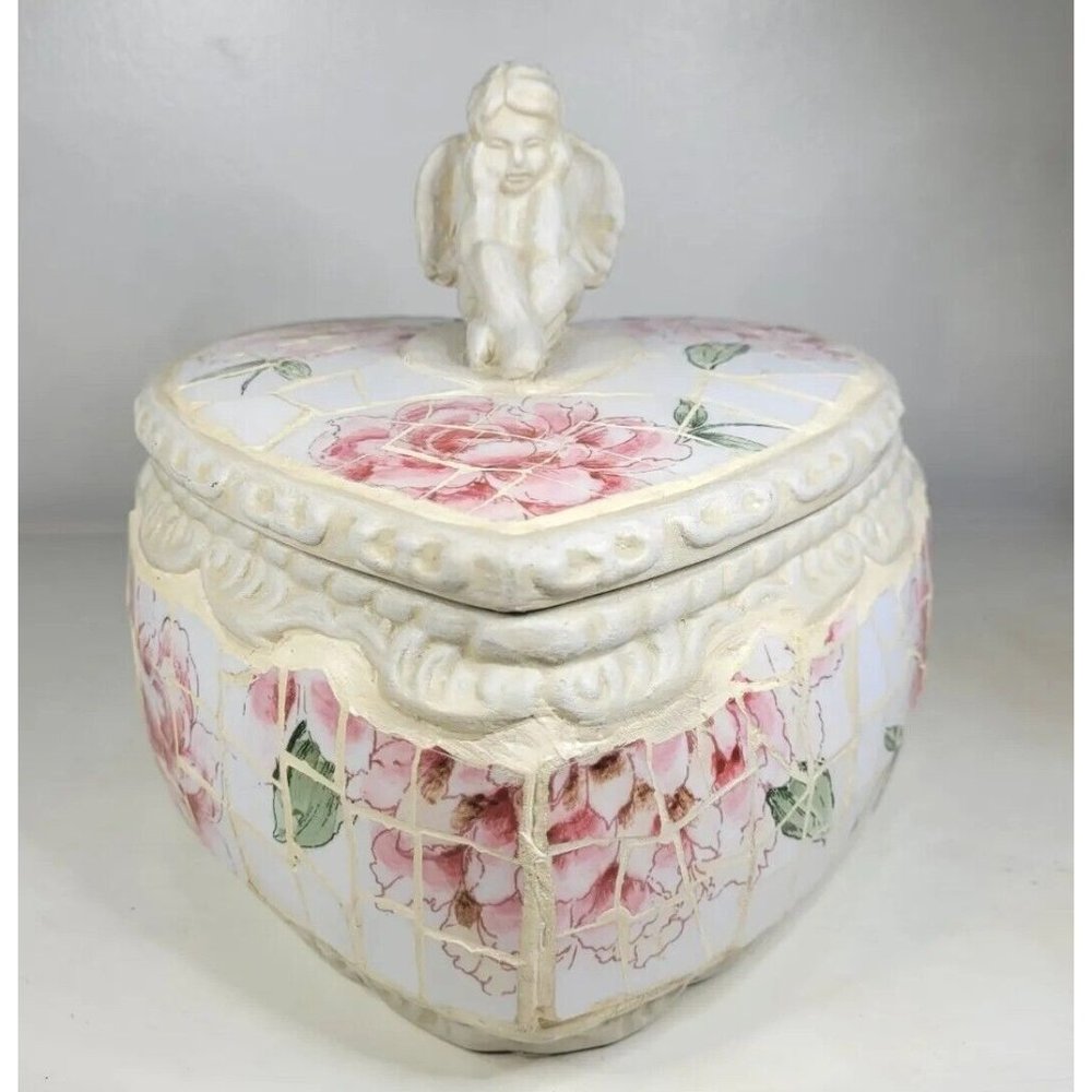 RARE Shabby Chic Vintage Rose Mosaic Angel Keepsake Heart Box